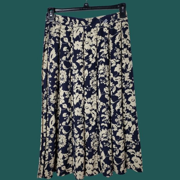 St.Michael Vtg Style Floral Pleated Midi Skirt Navy & Cream Sz 16 - Picture 2 of 10